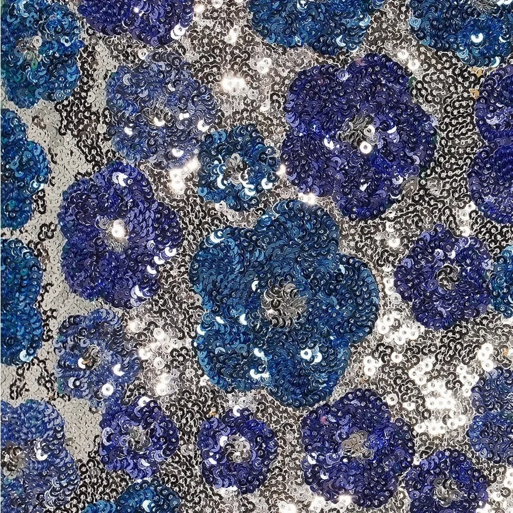 Silver Sequin Blue Floral Side Slit Formal Evening Dress size 7/8 - Picture 4 of 6